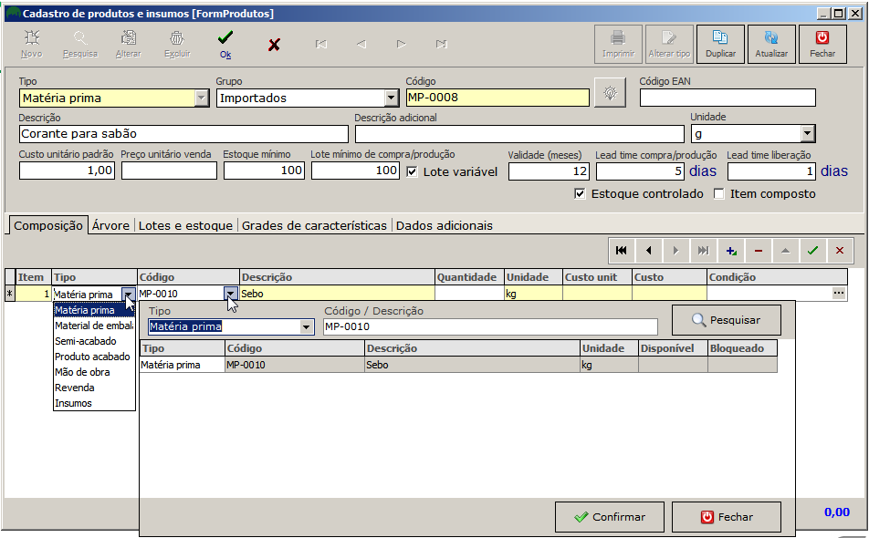 Dados do componente