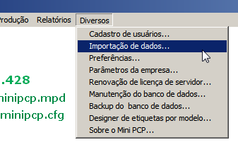 Menu de importação de dados