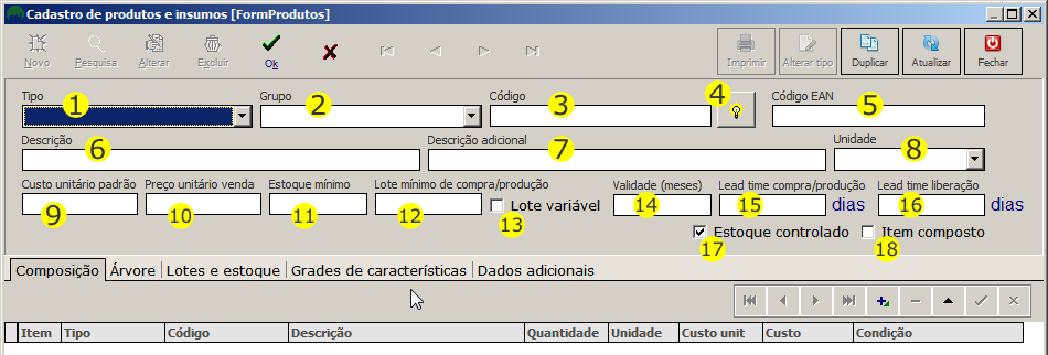 Campos do cadastro