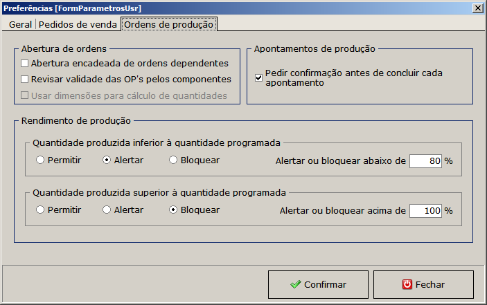 Preferências - aba Ordens de produção