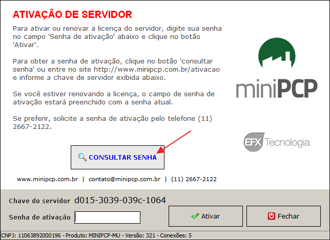 Ativação do servidor