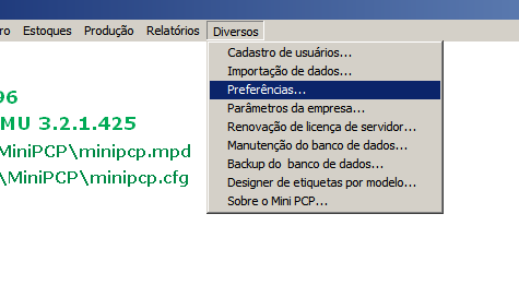 Opção de menu preferências